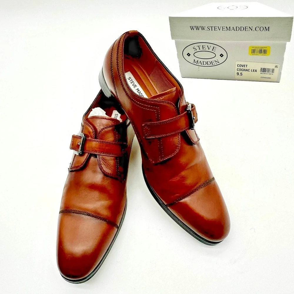 Steve Madden COVET Men's Cognac Leather Monk Strap Shoes 9.5